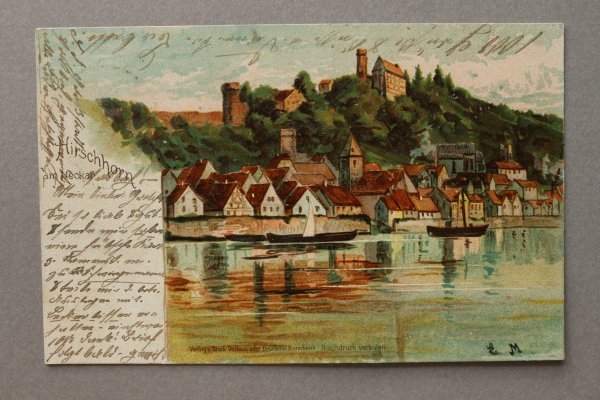 Ansichtskarte Litho AK Hirschhorn a Neckar 1899 Boot Burg Kirche Gebäude Schloss Architektur Ortsansicht Hessen